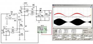 Fig.7 Oscilograma de la señal de salida de audio comparada con la entrada de AM
